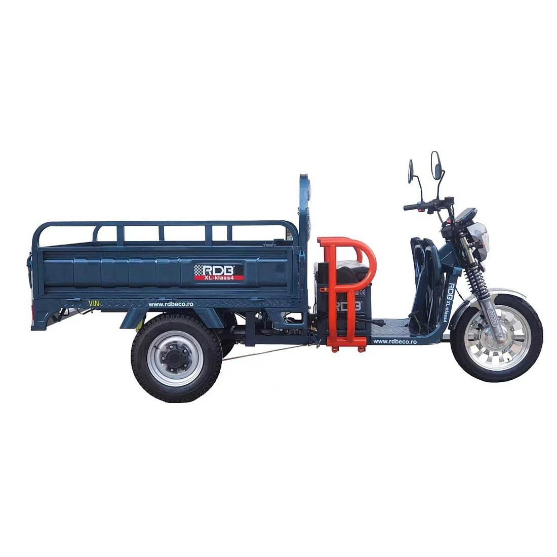 Triciclu electric cargo RDB XL-Klass4 1.5m, vedere laterala, culoare albastru petrol cu bare de protectie portocalii